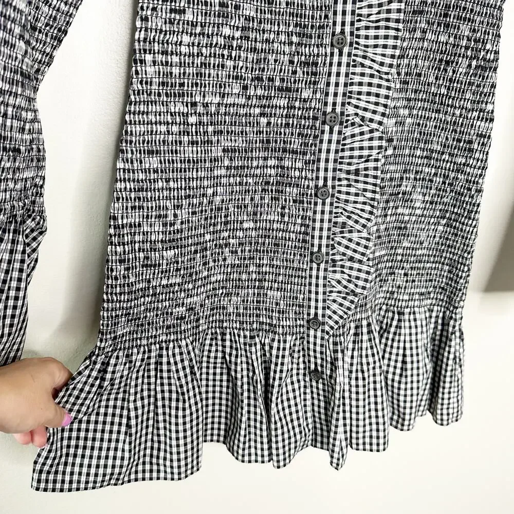 J Crew Black White Smocked Gingham Mini dress Ruffle Sleeves Small NEW